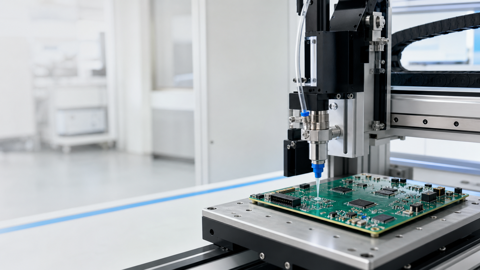 Automated precision dispensing system applying material to a circuit board