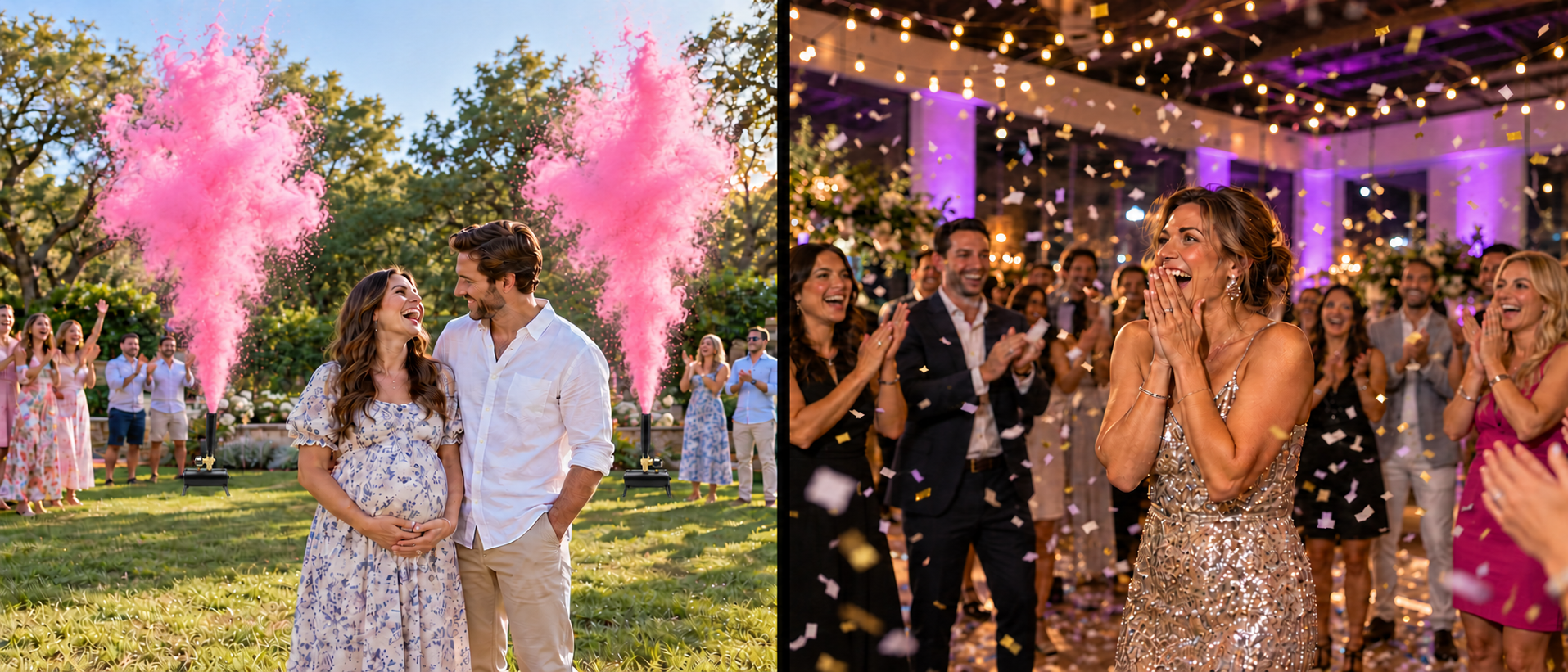 A couple celebrating a gender reveal with two separate pink powder plumes rising from two cannons behind them.
