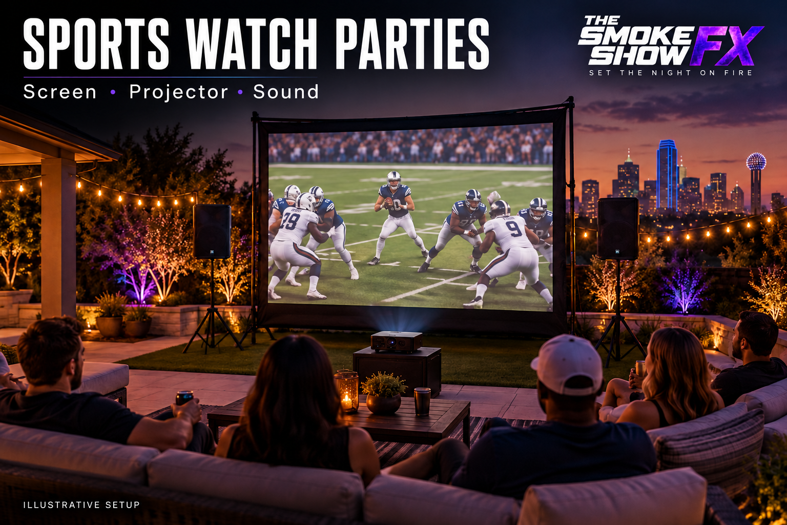 Illustrative adult sports watch party with a projector, large outdoor screen, sound equipment and The Smoke Show FX logo.