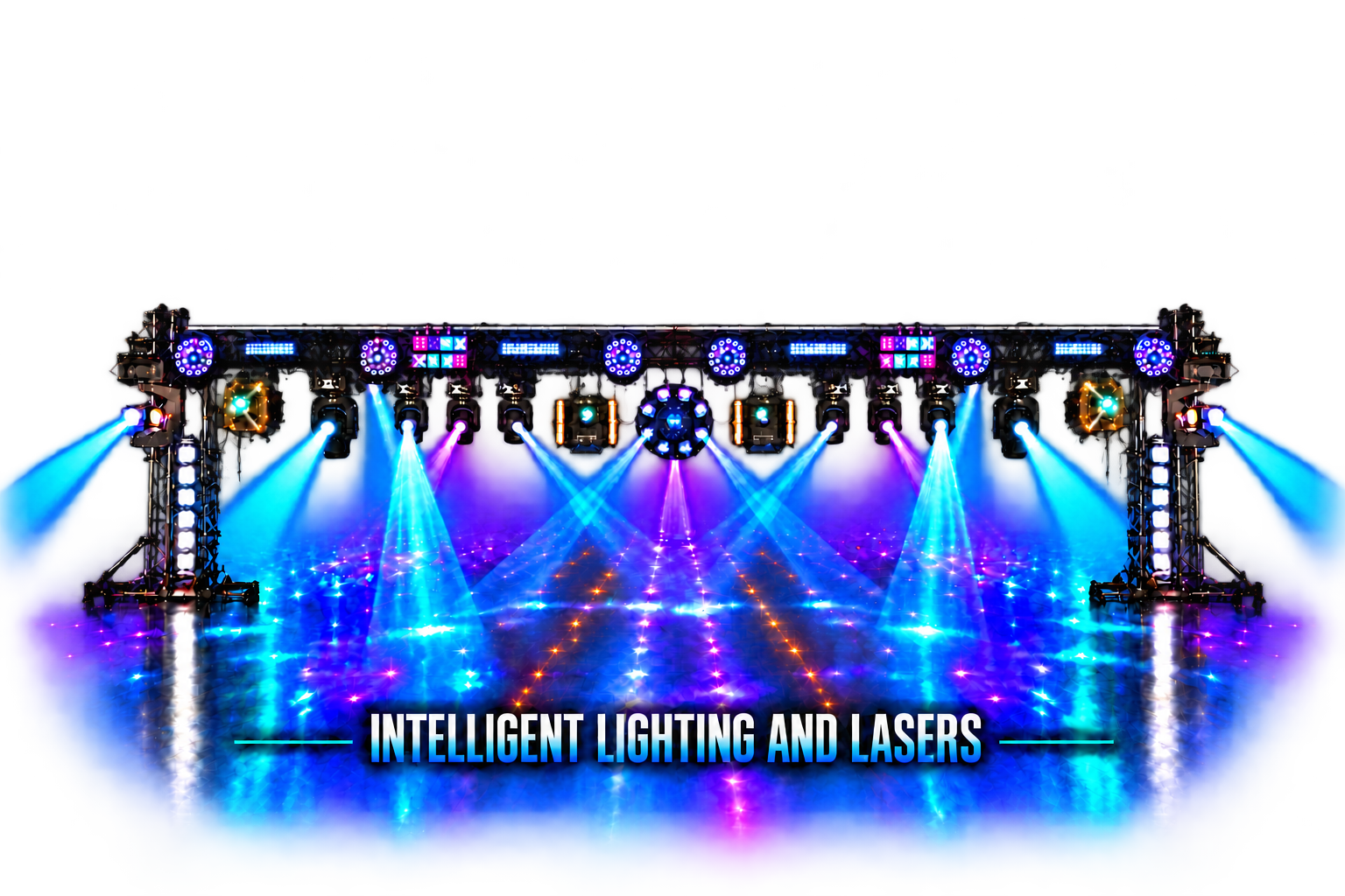 Illustrated lighting rig with solid beam lights and four laser devices projecting straight crossing laser fans into the surrounding white space.