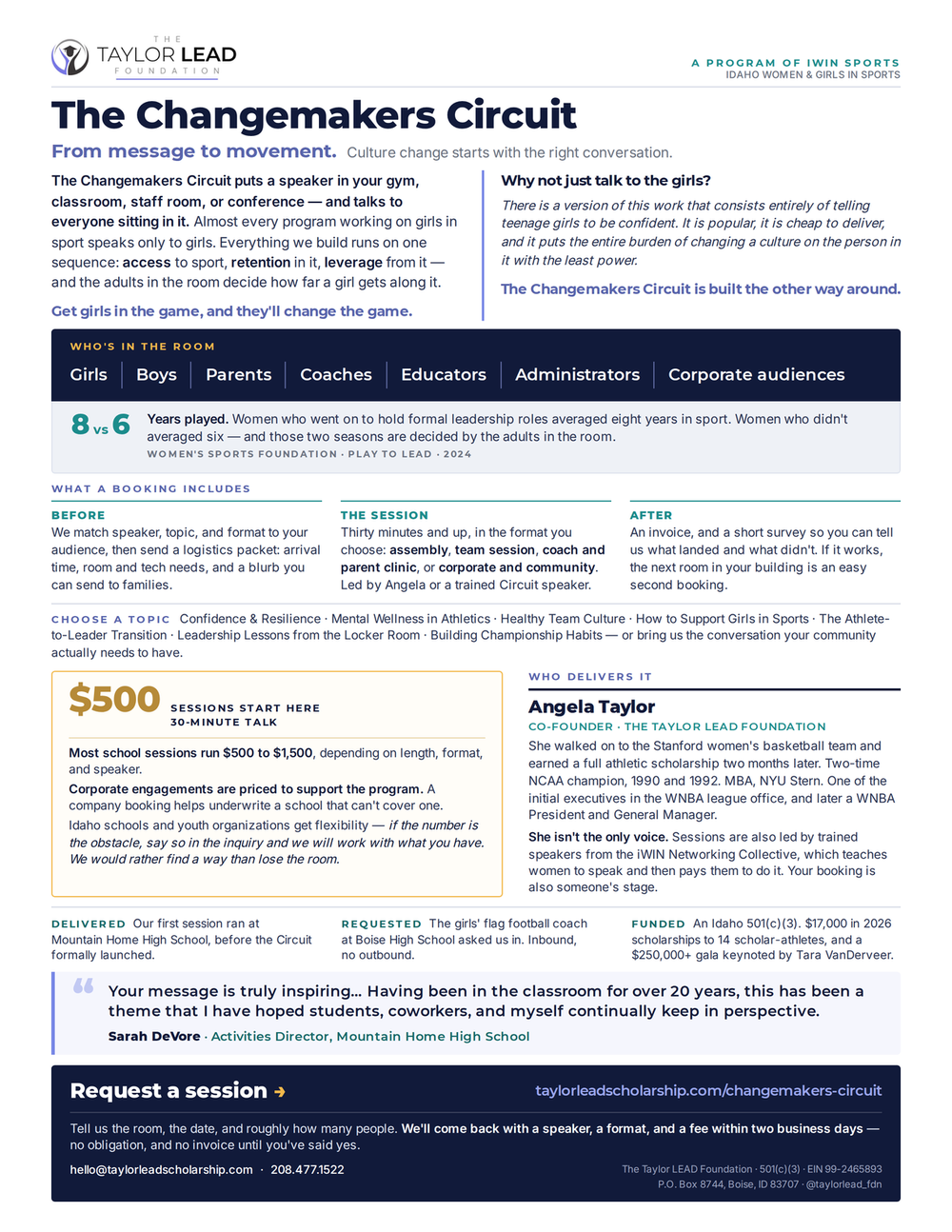 The Changemakers Circuit one-page overview: what it is, who it is for, session formats, fees and how to book