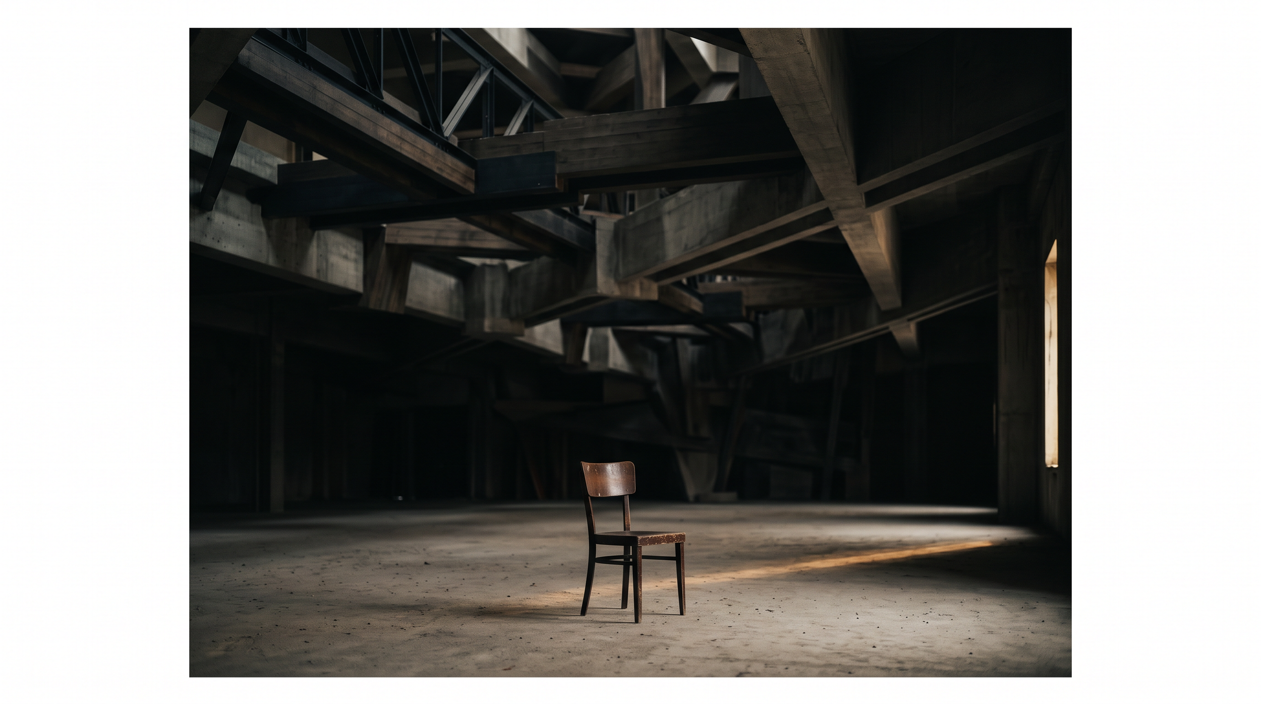 An empty wooden chair beneath a large dark structure
