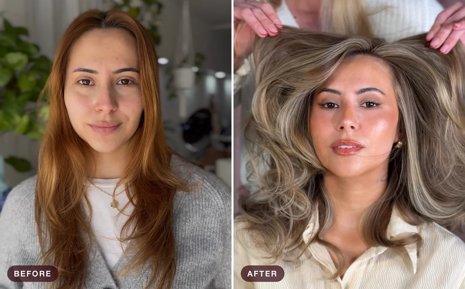 Colour correction: copper hair before, soft cool blonde after
