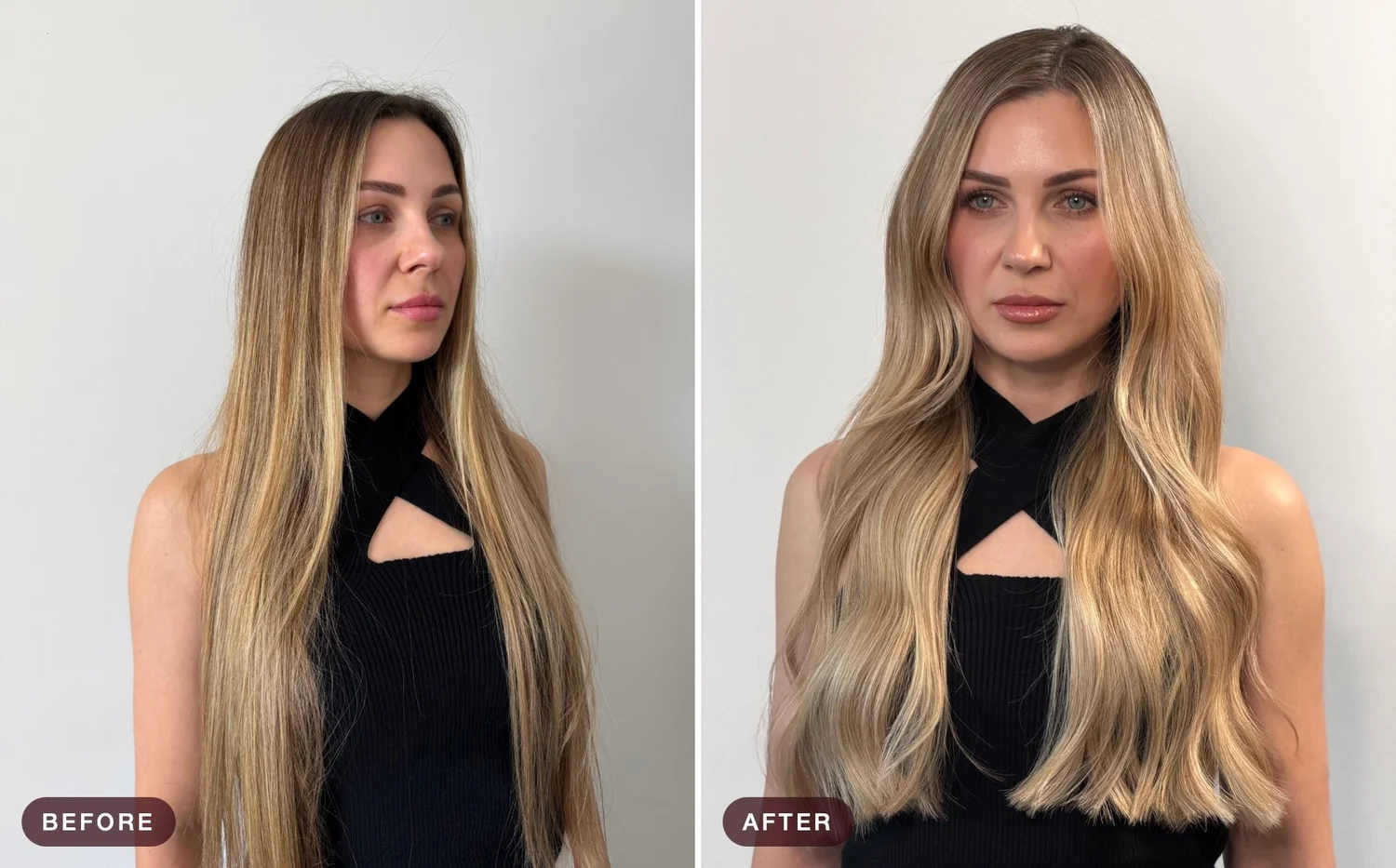 Air Touch: grown-out blonde before, soft dimensional blonde waves after