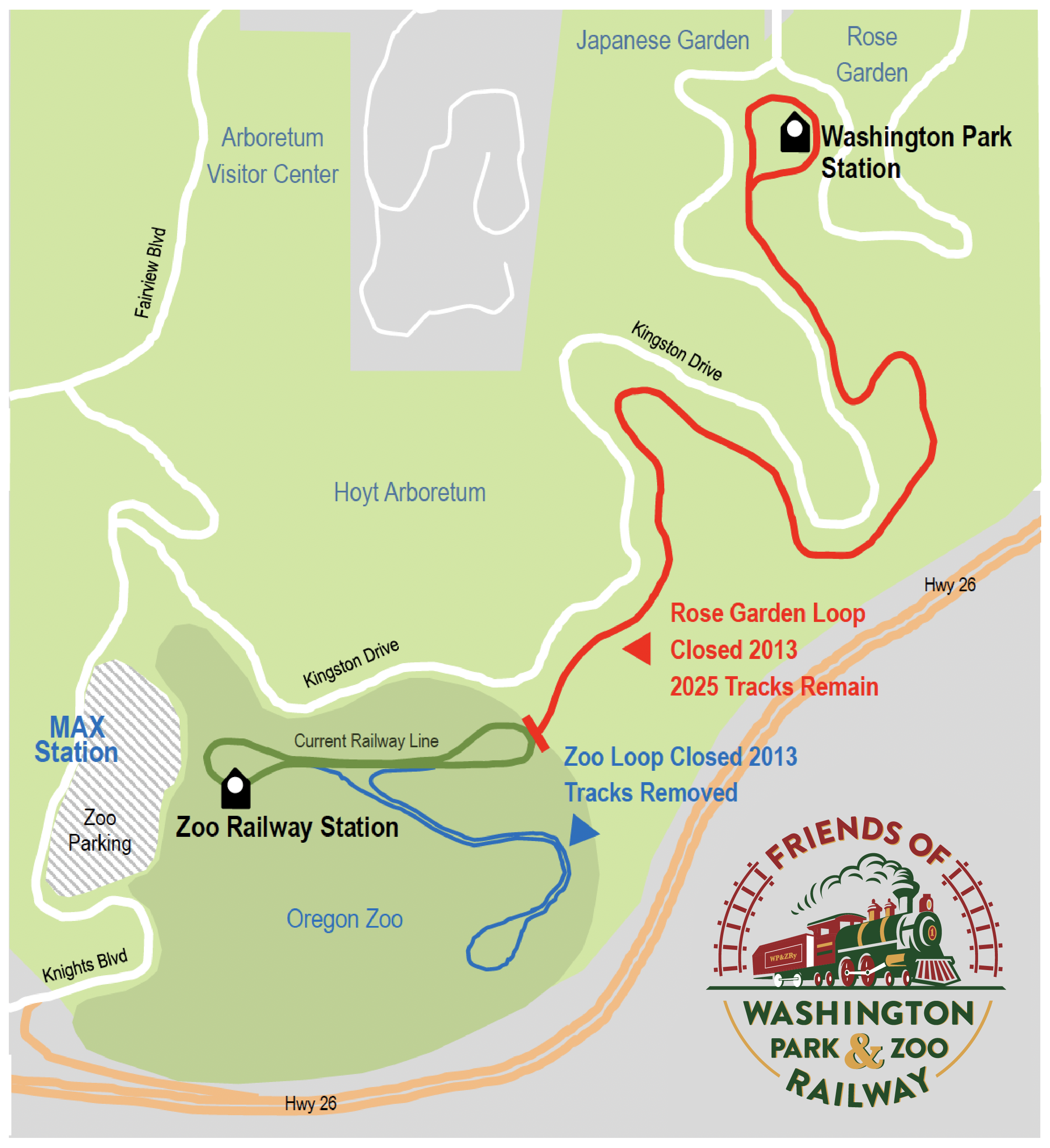 Washington Park map showing the Zoo Railway route and station
