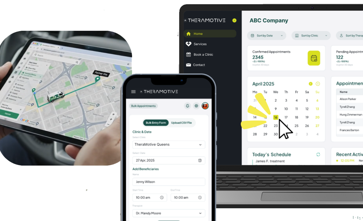 TheraMotive appointment platform displayed on mobile, tablet, and desktop devices