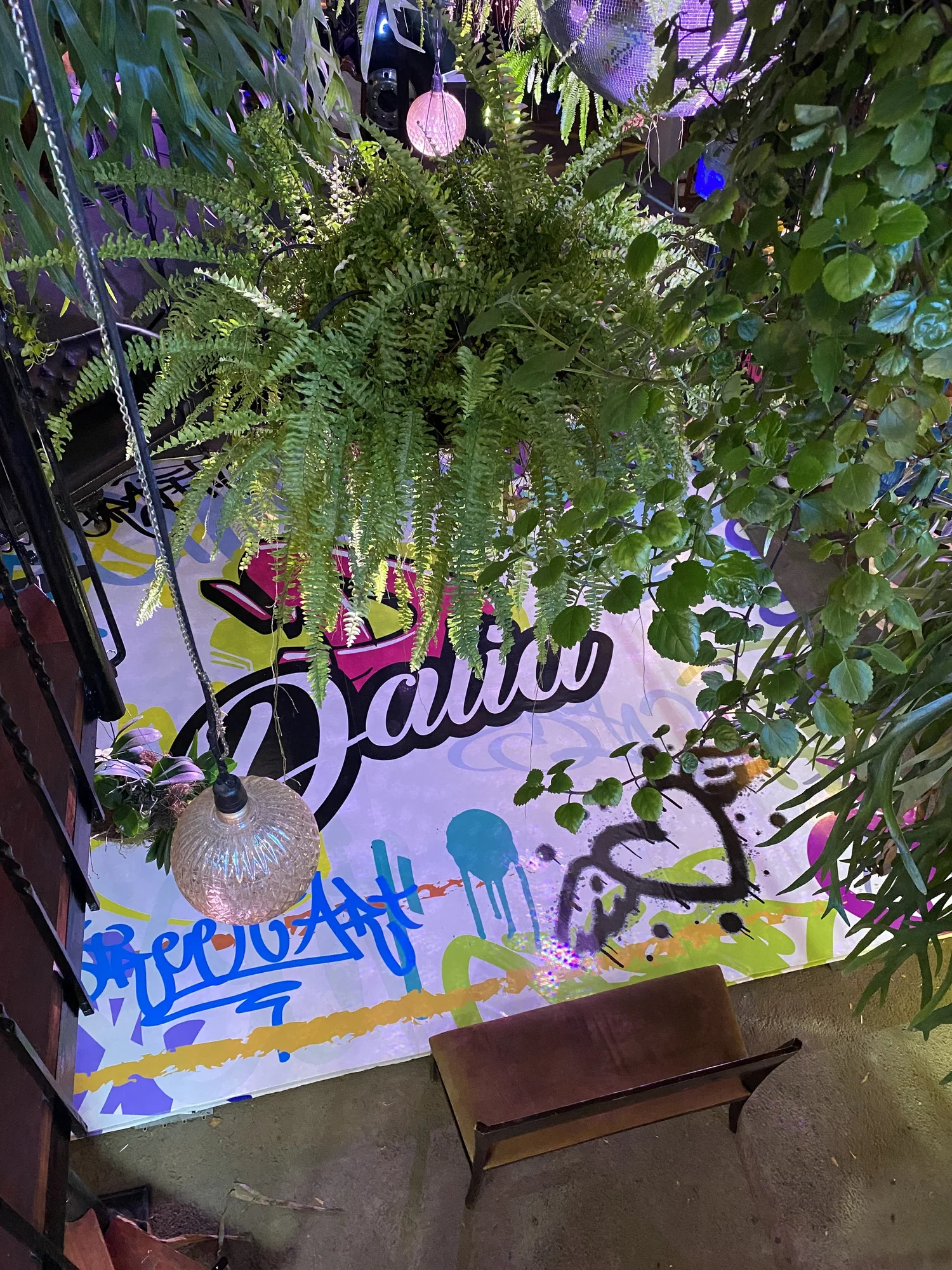 Letrero de neón con el nombre Dalia rodeado de plantas