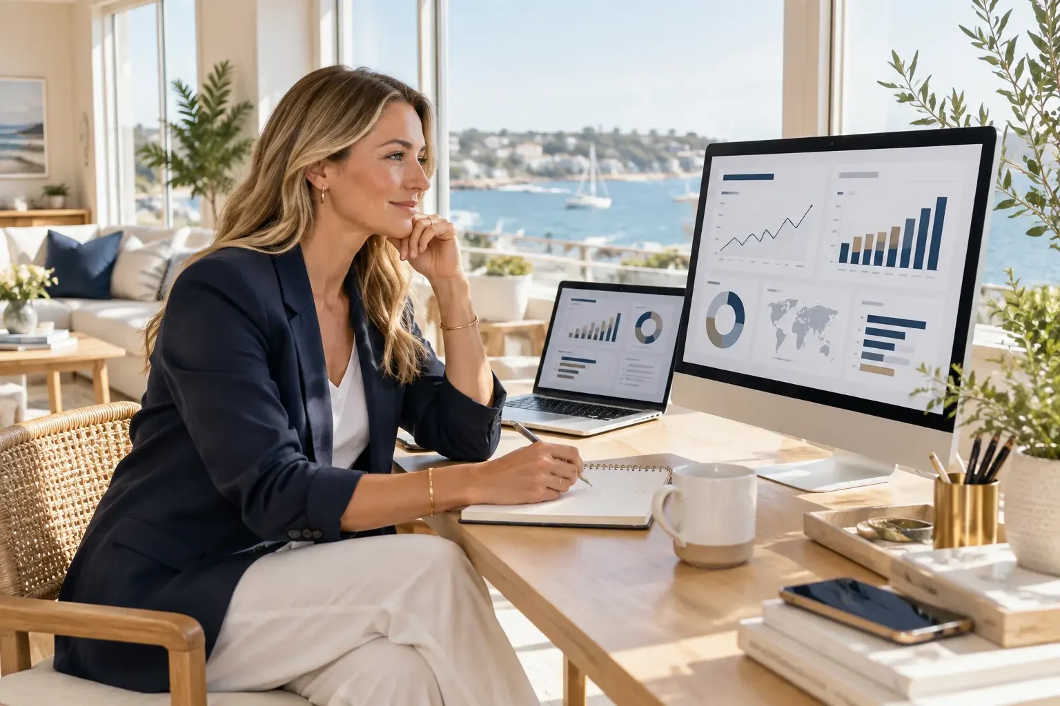 Marketing strategist reviewing campaign reporting in a bright coastal office