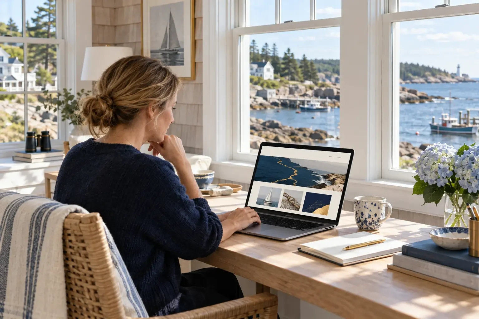 Professional researching on a laptop in a bright Maine coastal office