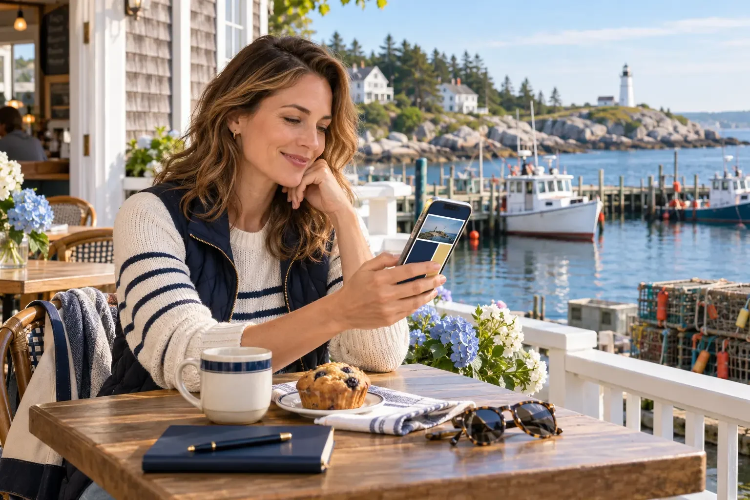 Professional discovering a campaign on mobile at a Maine harbor café