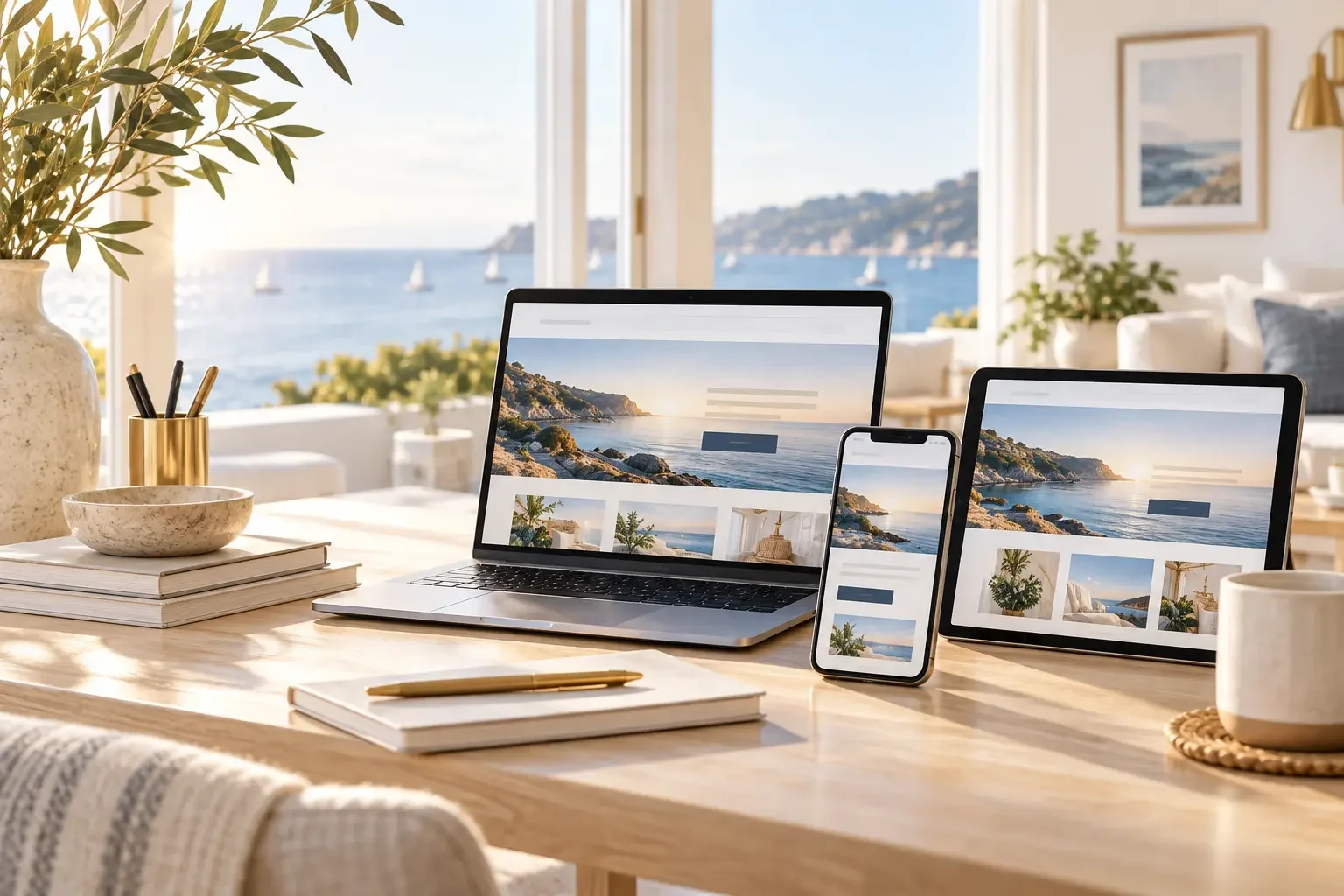 Coordinated digital campaign shown across laptop, tablet and mobile devices in a bright coastal office
