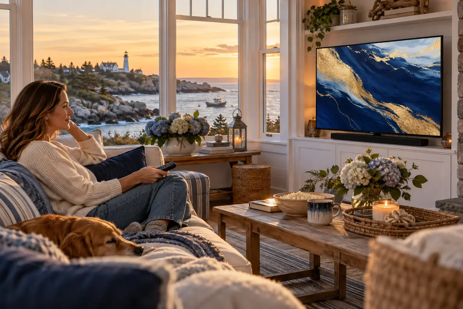 Professional seeing a connected television campaign in a Maine coastal cottage
