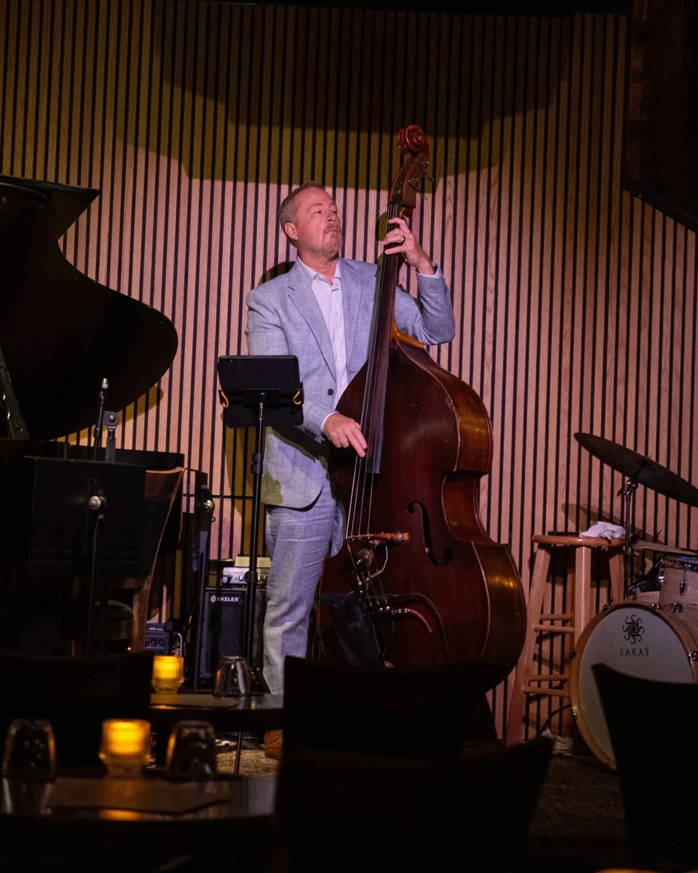 Utah Hamrick playing upright bass with the Hank Hehmsoth Trio at Nica on 4th in Austin