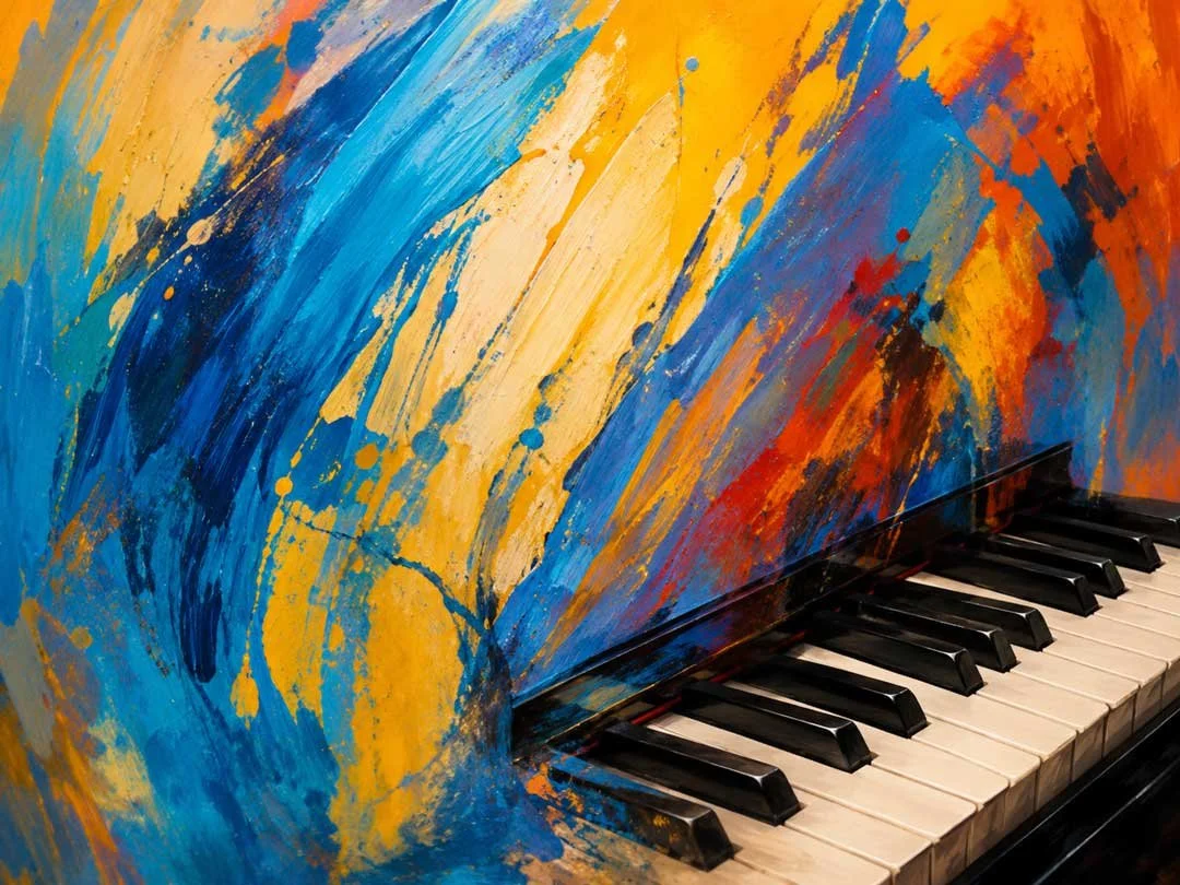 Abstract artwork and piano representing HPPAA interdisciplinary arts programs