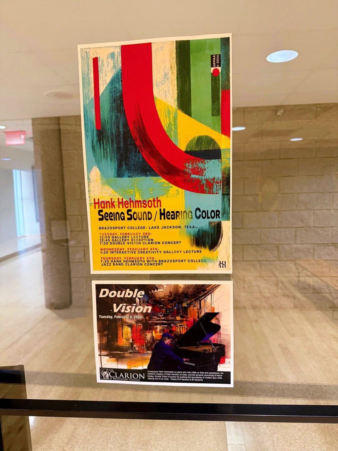 Seeing Sound / Hearing Color residency and Double Vision concert posters displayed at Brazosport College.