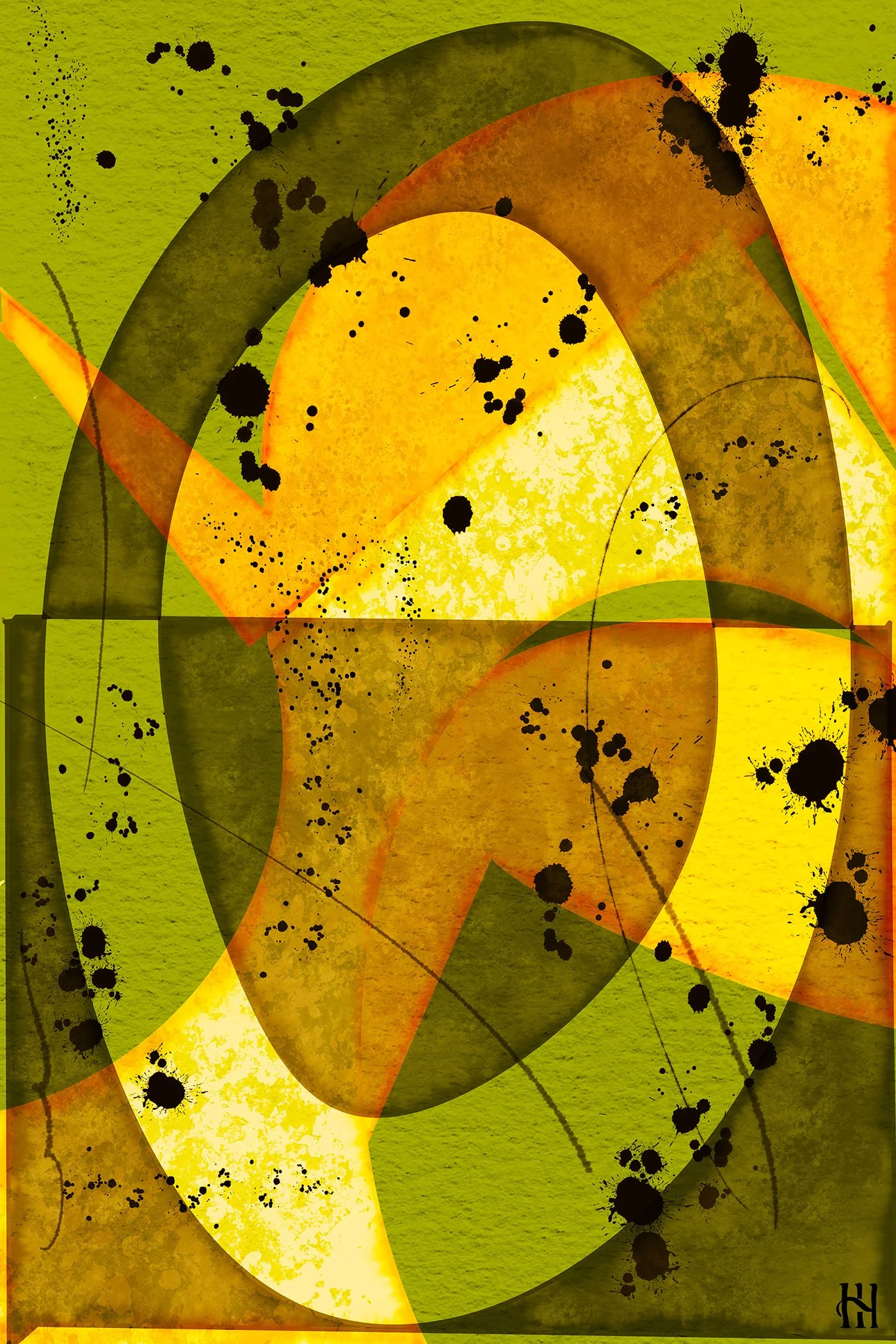 Three Turnarounds, an abstract artwork by Hank Hehmsoth with layered green, gold, orange, and black forms.