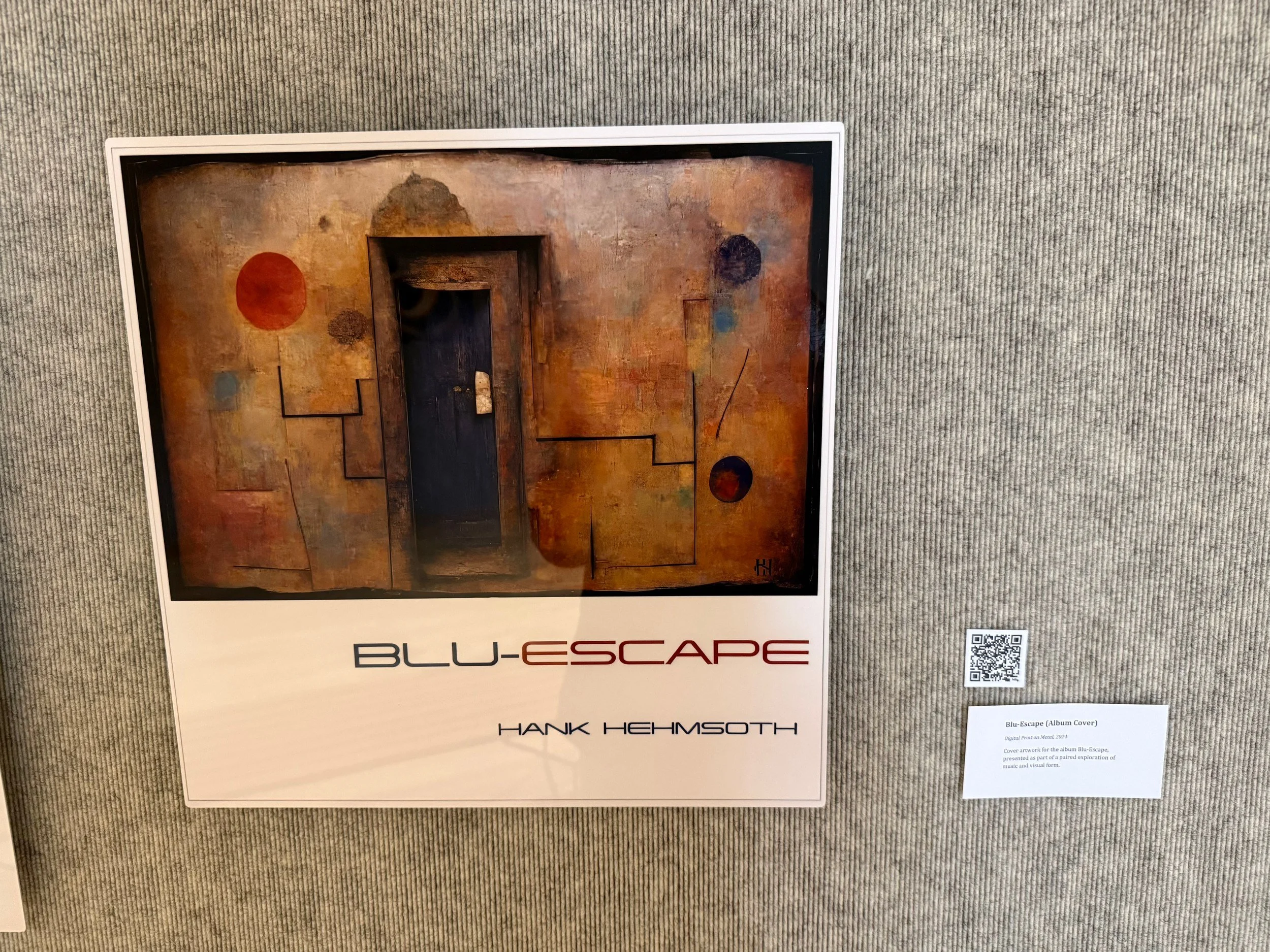 Blu-Escape album cover artwork by Hank Hehmsoth installed with listening QR at Brazosport College.