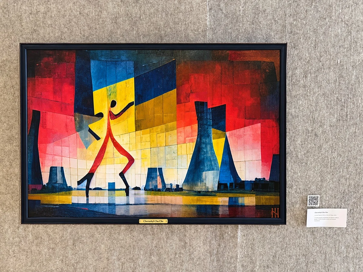 Chernobyl Cha Cha by Hank Hehmsoth installed with QR listening link at Brazosport College.