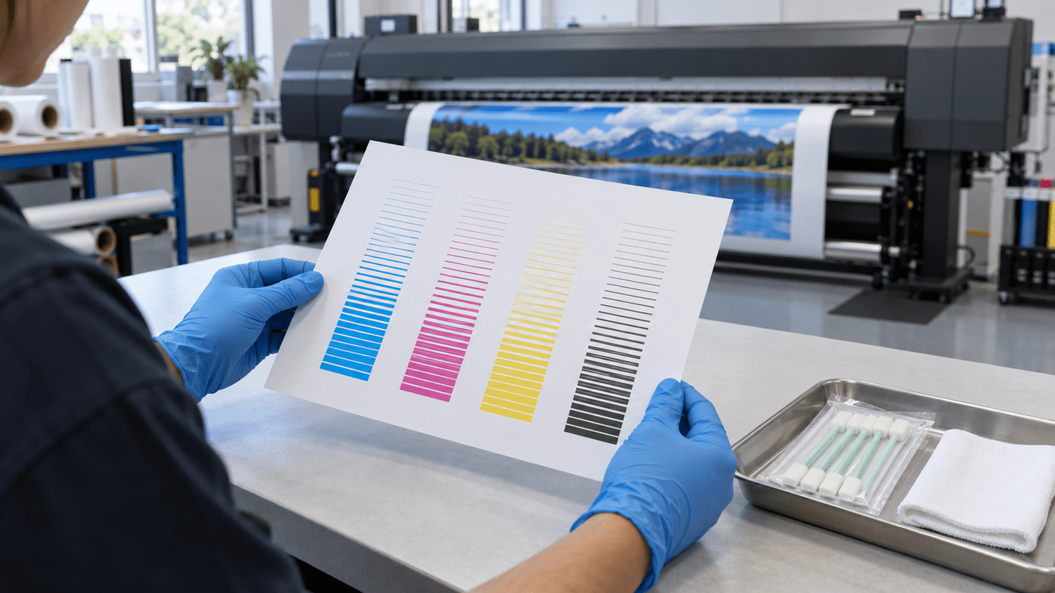 Illustration of an operator inspecting a color test sheet beside an inkjet printer and maintenance supplies