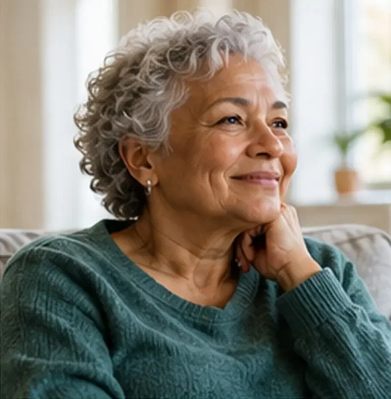 An older woman sits at home by a window, resting her chin on her hand and smiling