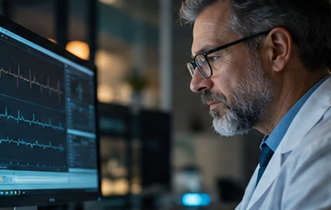 A physician studies heart rhythm tracings on a monitor