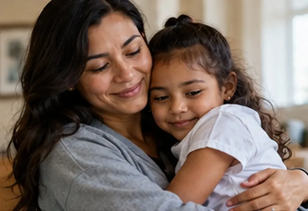 A mother hugs her young daughter at home, both smiling