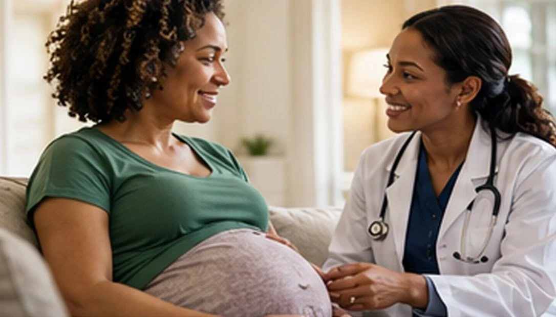 A pregnant woman smiles while talking with a physician at home