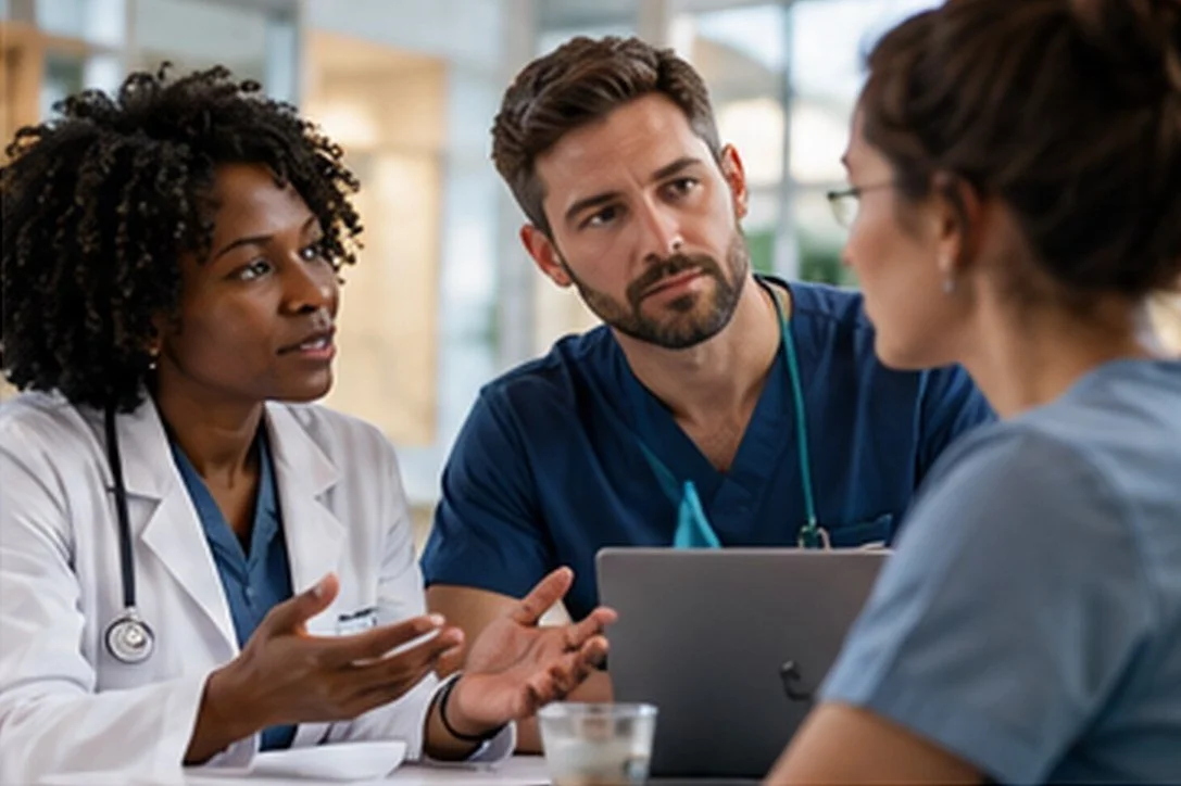 Three clinicians discuss a case together around a laptop