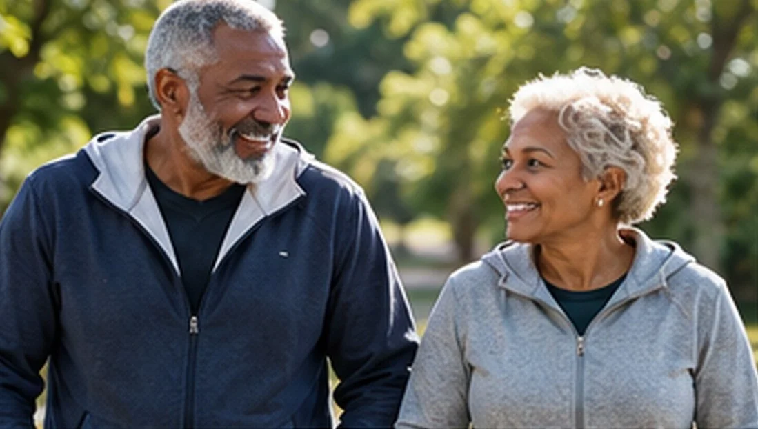 An older couple laughs together on a walk outdoors