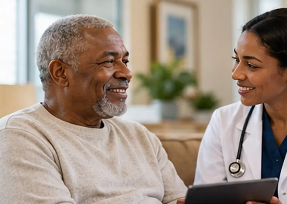 An older man smiles while talking with a clinician at home, a tablet between them