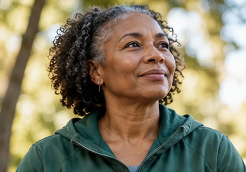 A woman in a green jacket looks ahead outdoors in warm afternoon light