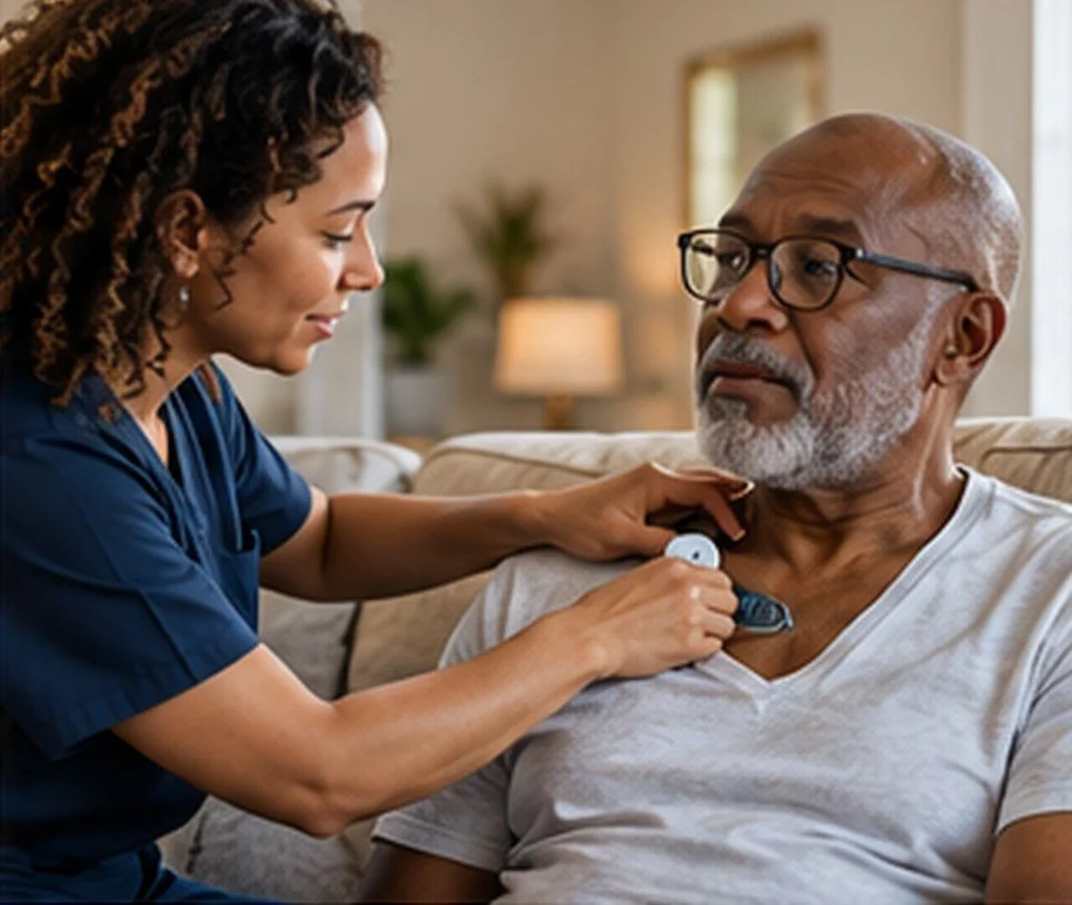 A clinician places a small heart monitor on an older man at home