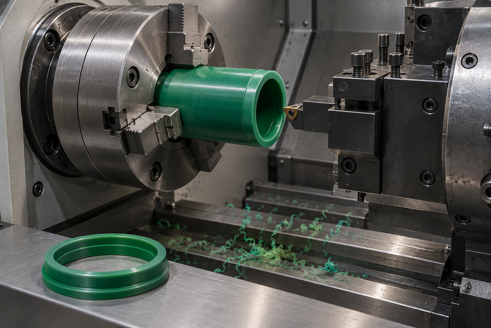 Lathe shaping a polyurethane tube for custom seal fabrication