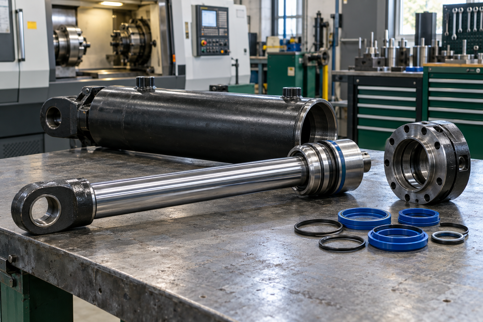A disassembled hydraulic cylinder and seals with workshop machinery