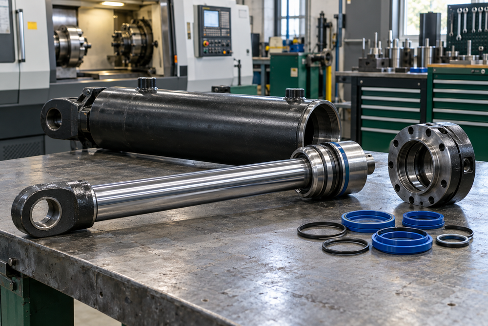 Hydraulic cylinder disassembly and seals on a workshop bench