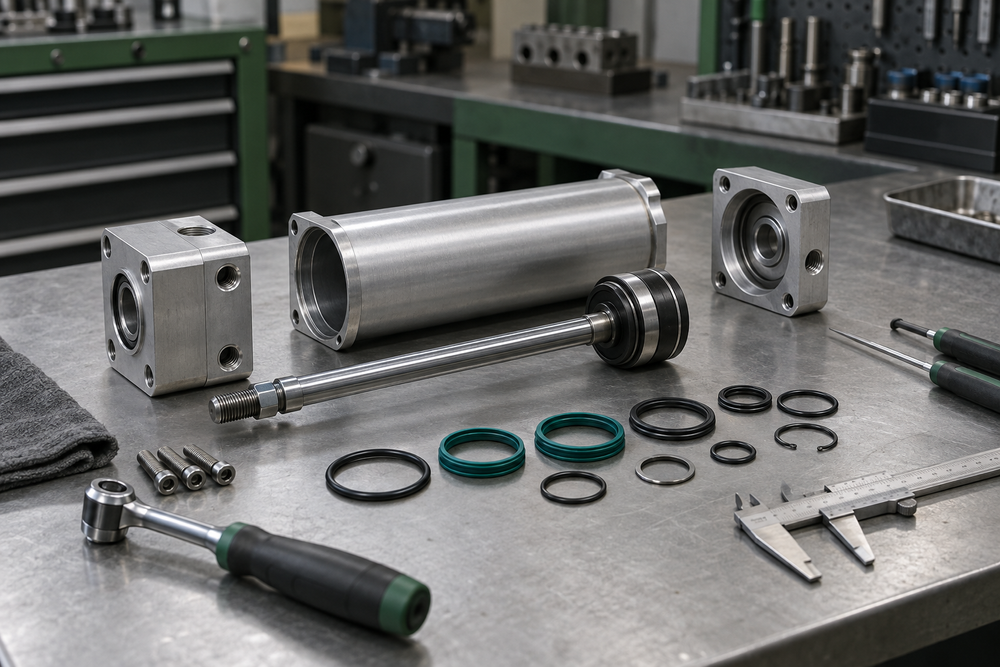 Pneumatic cylinder disassembly with replacement seals
