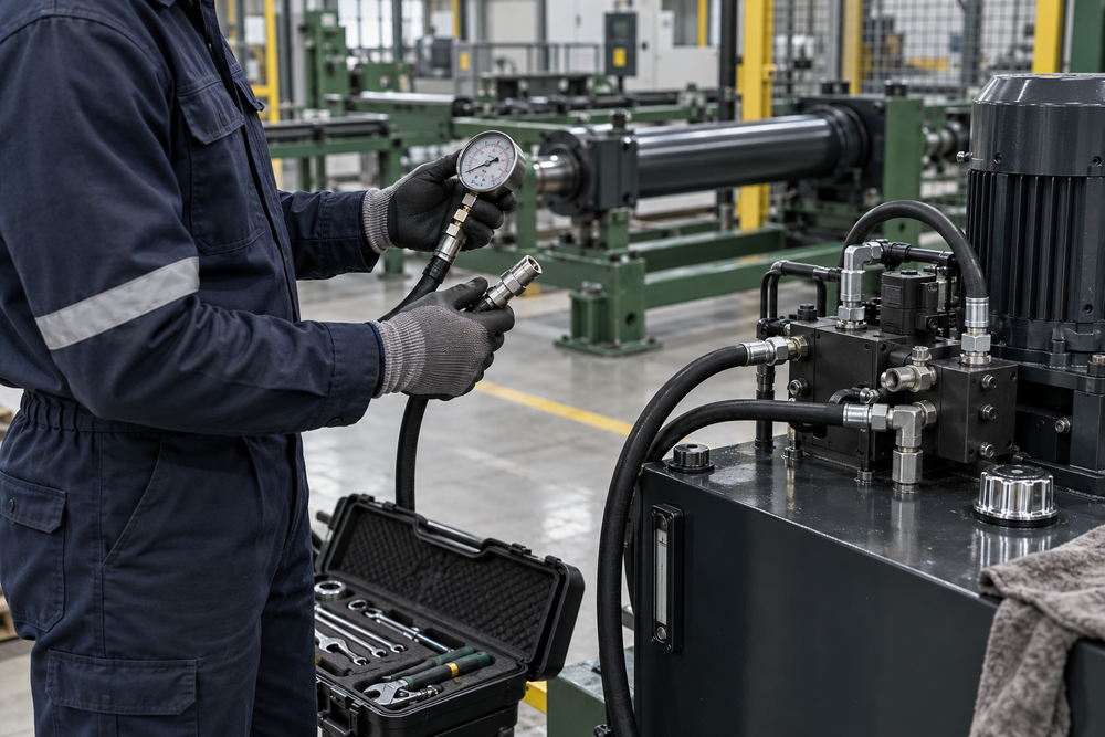 Technician inspecting hydraulic equipment at an industrial site