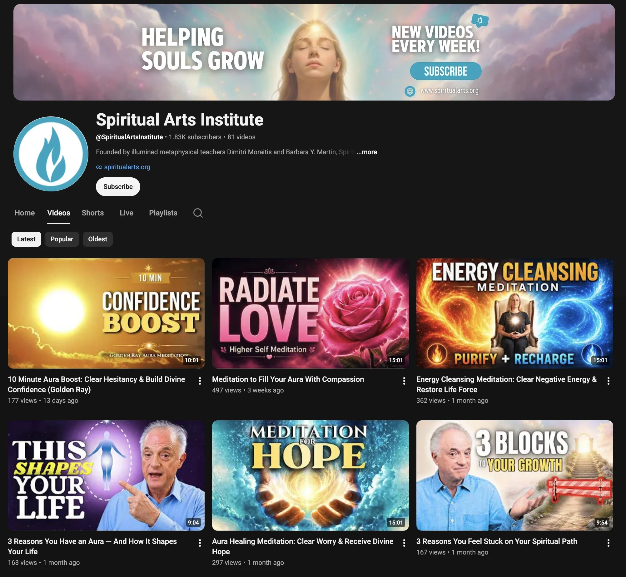 Spiritual Arts Institute YouTube channel screenshot
