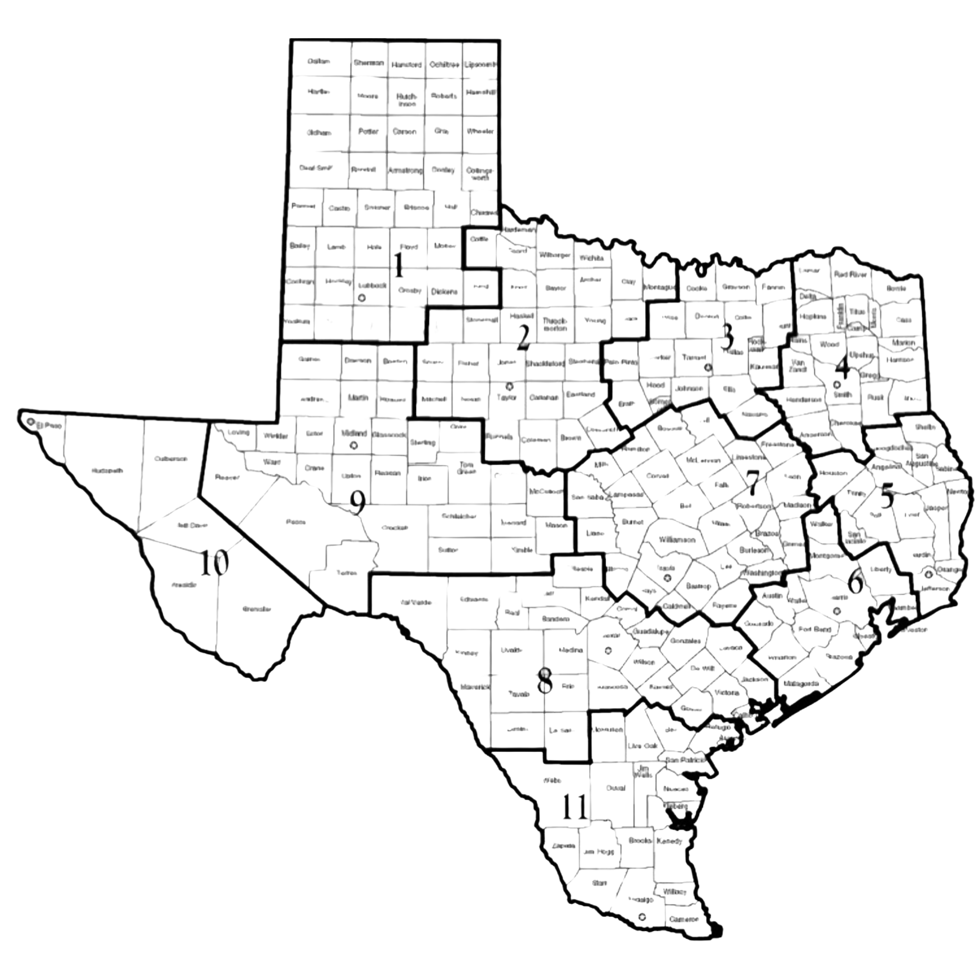Texas DFPS map displaying all 11 service regions