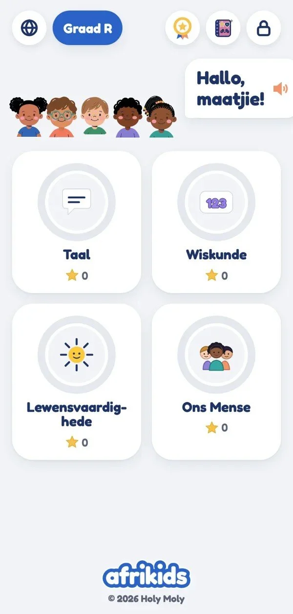 The Afrikids home screen with four worlds