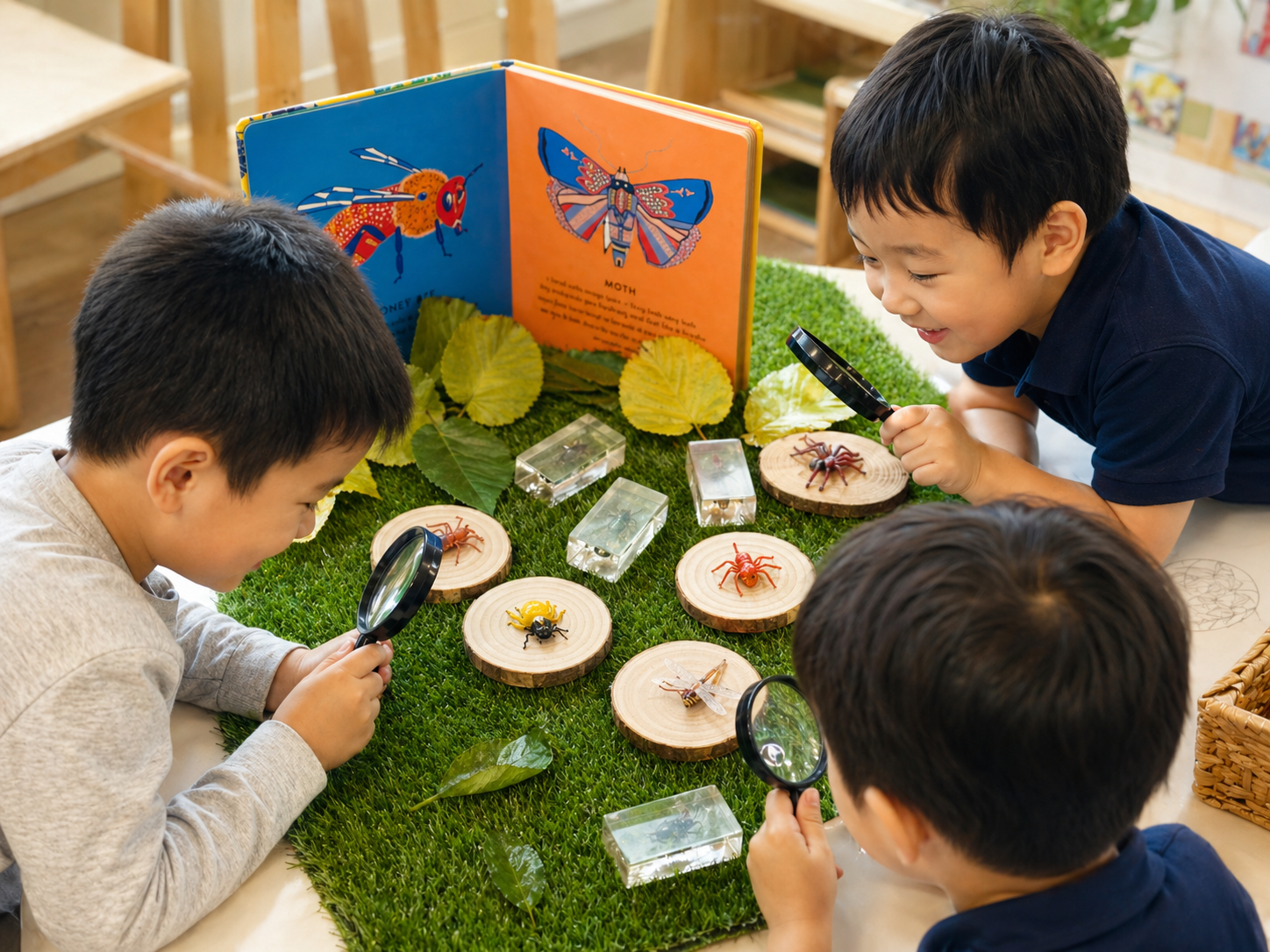 Preschool children investigating insects with magnifiers during science learning at Kelvin Kindergarten St Ives