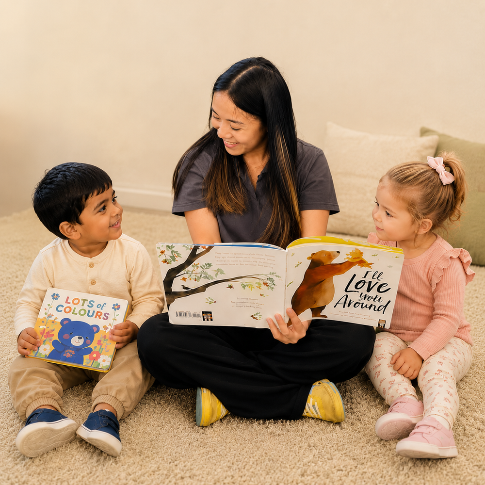 Kelvin Kindergarten educator reading with two children.