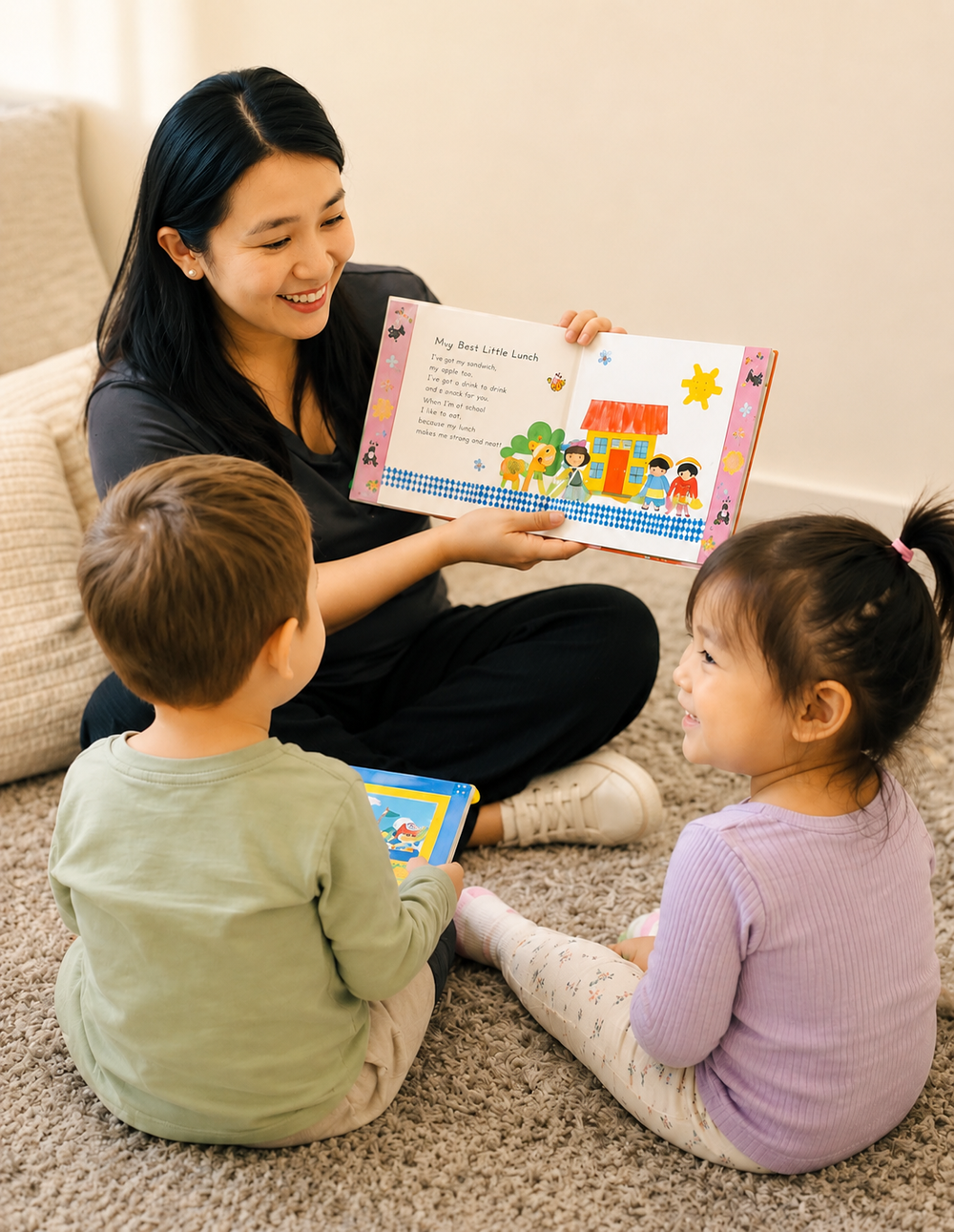 Educator reading with two young children at Kelvin Kindergarten.