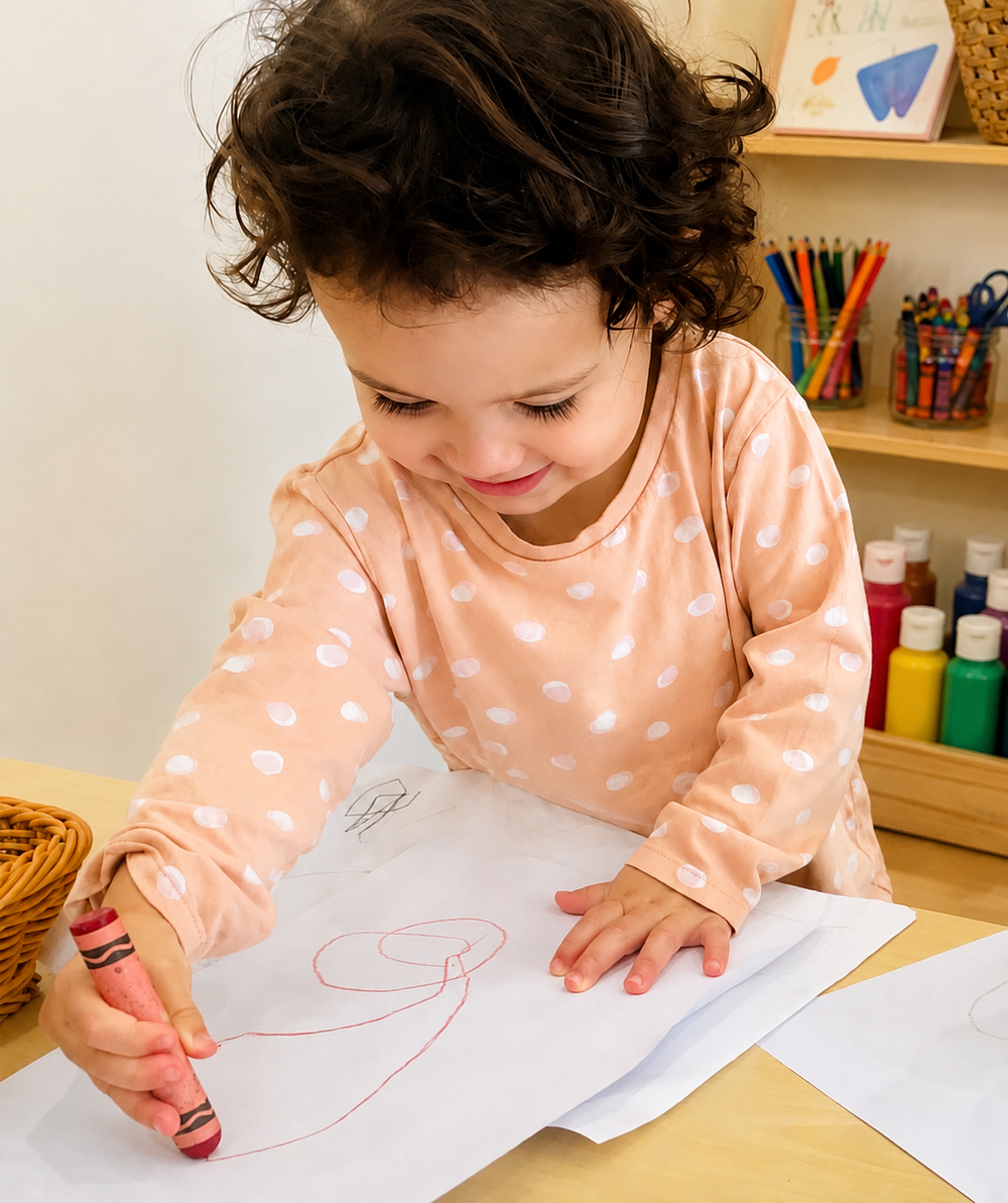 Young toddler drawing with a crayon in a welcoming early learning art area.