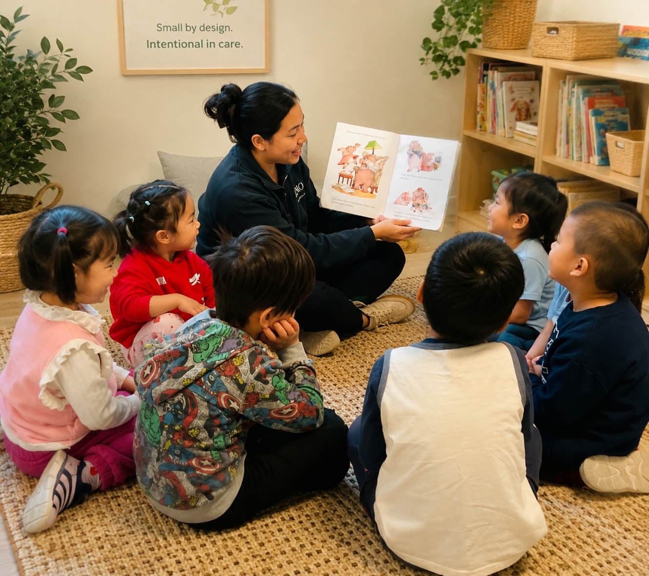 Kelvin Kindergarten educator reading with a small group of children