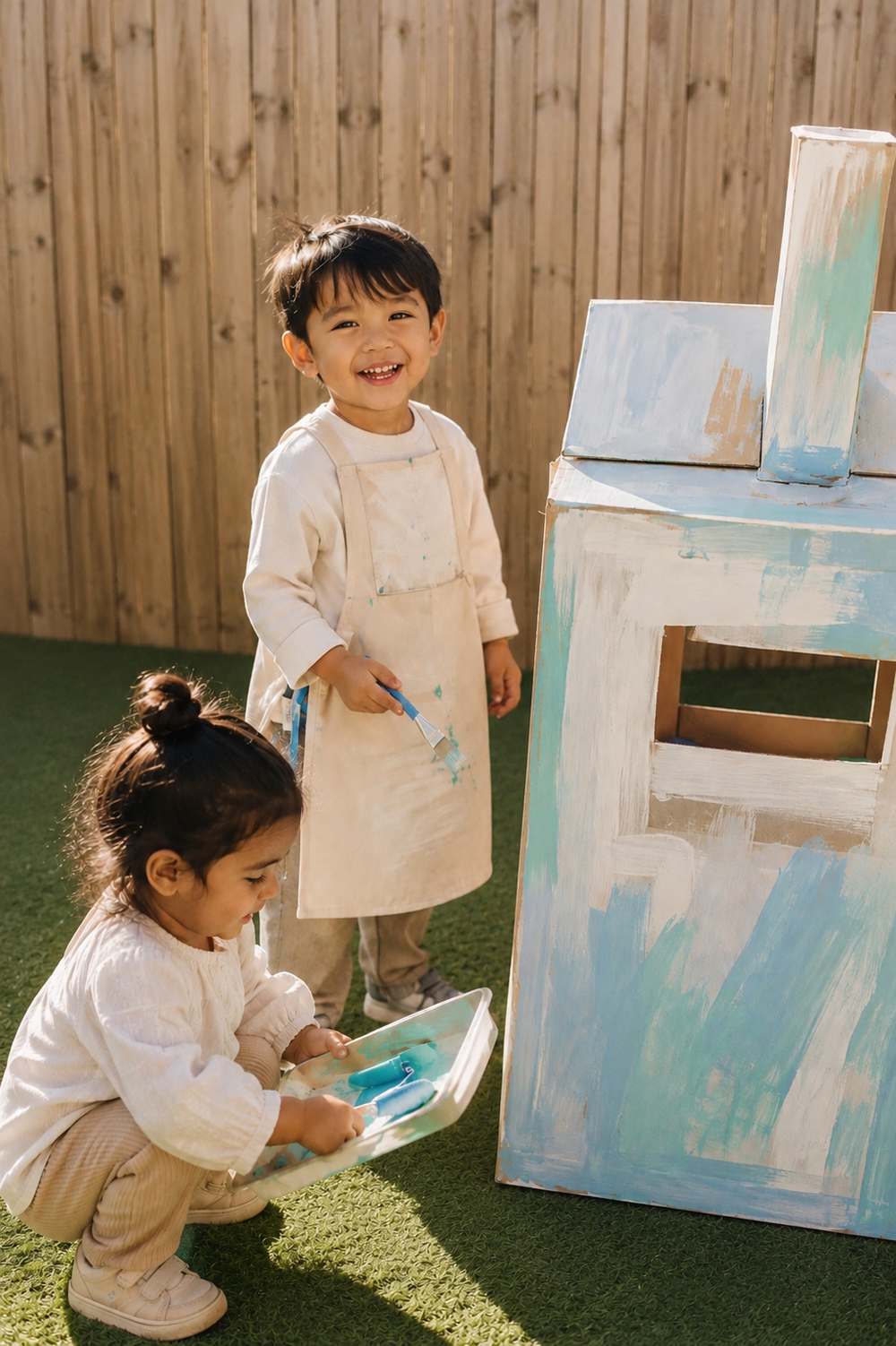 Two children collaborating on a large creative construction project.