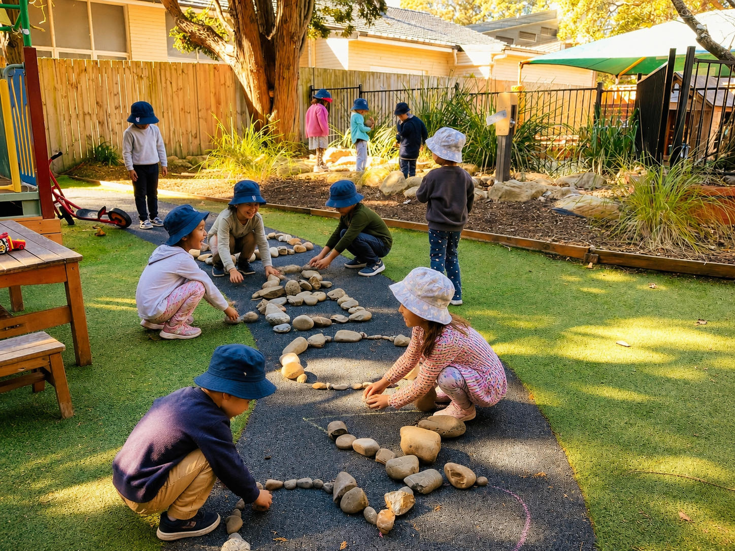Children arranging natural materials during outdoor collaborative learning at Kelvin Kindergarten St Ives