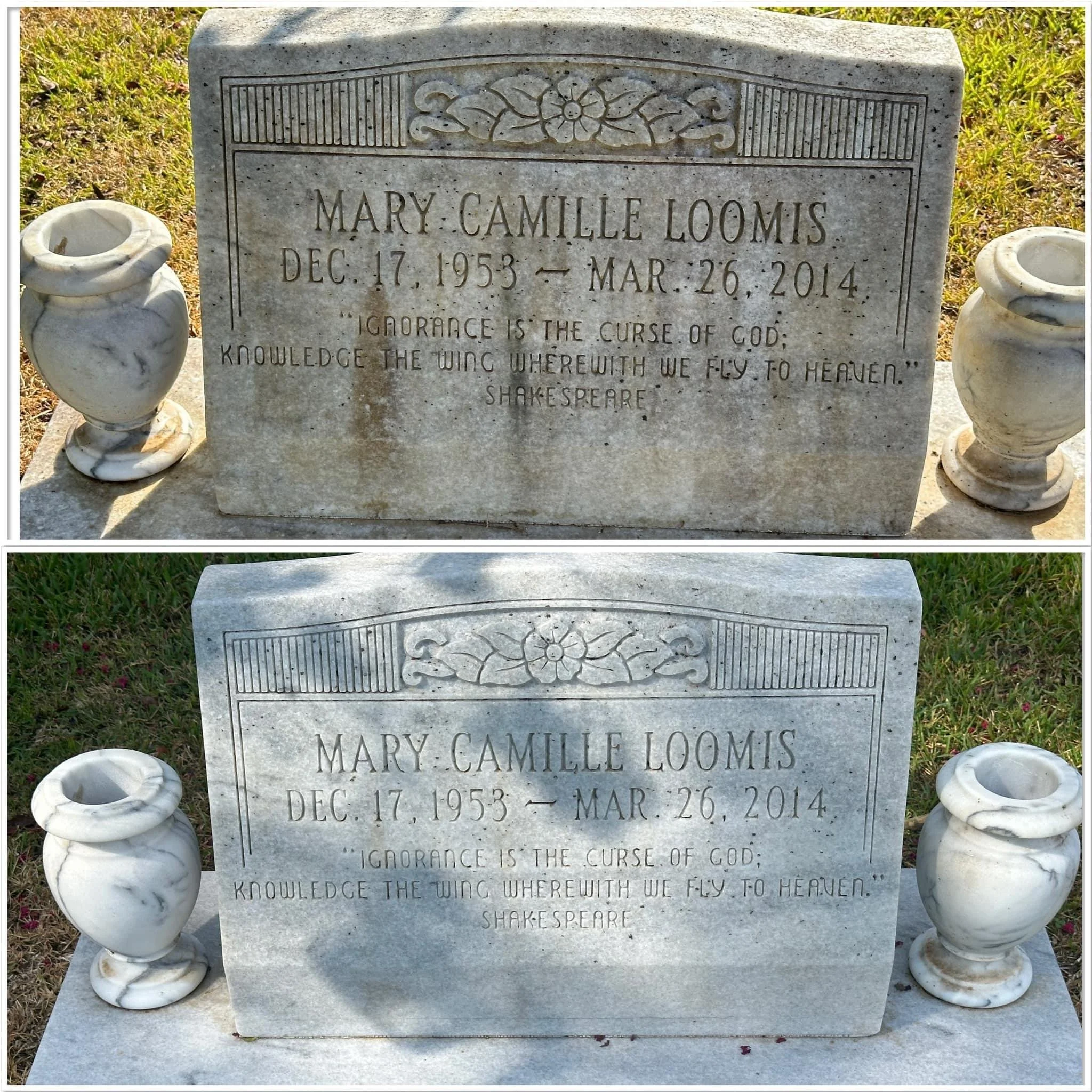 Mary Camille Loomis headstone before and after preservation