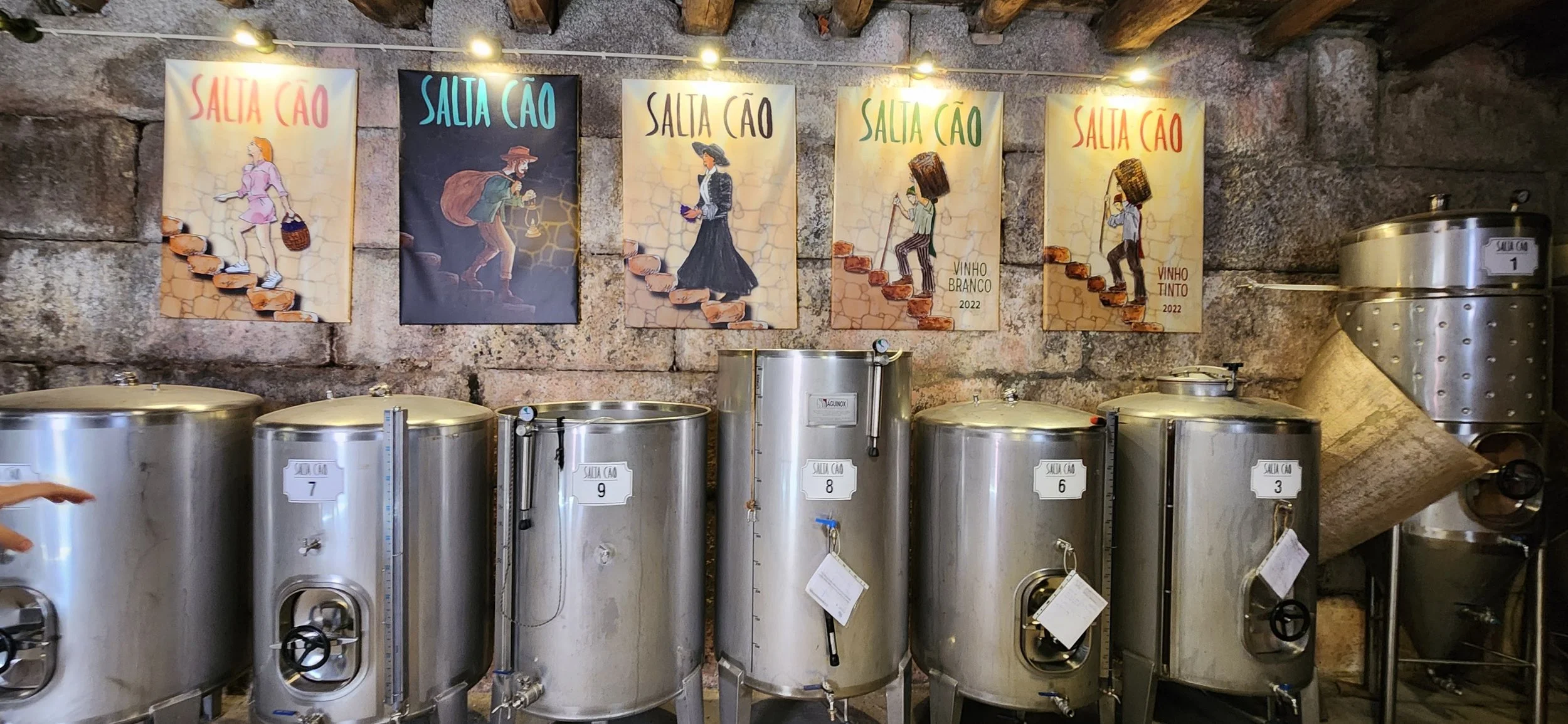 Stainless steel wine barrels with Salta Cao posters on the wall