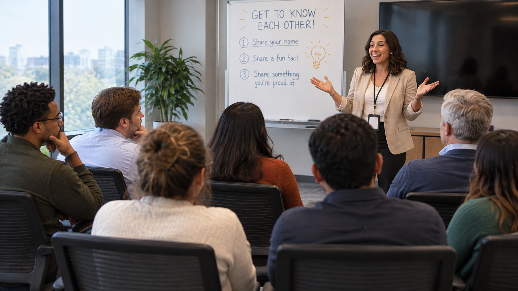 Employees sitting through a team building workshop in a conference room while a facilitator leads an icebreaker
